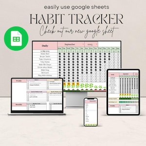 May include: A digital habit tracker displayed on a laptop, tablet, smartphone, and computer monitor. The tracker includes daily, weekly, and monthly goals, with a focus on September 2025. The text "HABIT TRACKER" is prominently displayed.