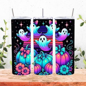 Neon Halloween Tumbler PNG | 20oz Sublimation Wrap with Ghosts & Pumpkins | Retro Spooky Cute Tumbler Design | Digital Halloween Wrap