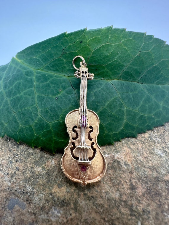 Antique Small Detailed Gold Violin Charm Pendant … - image 1