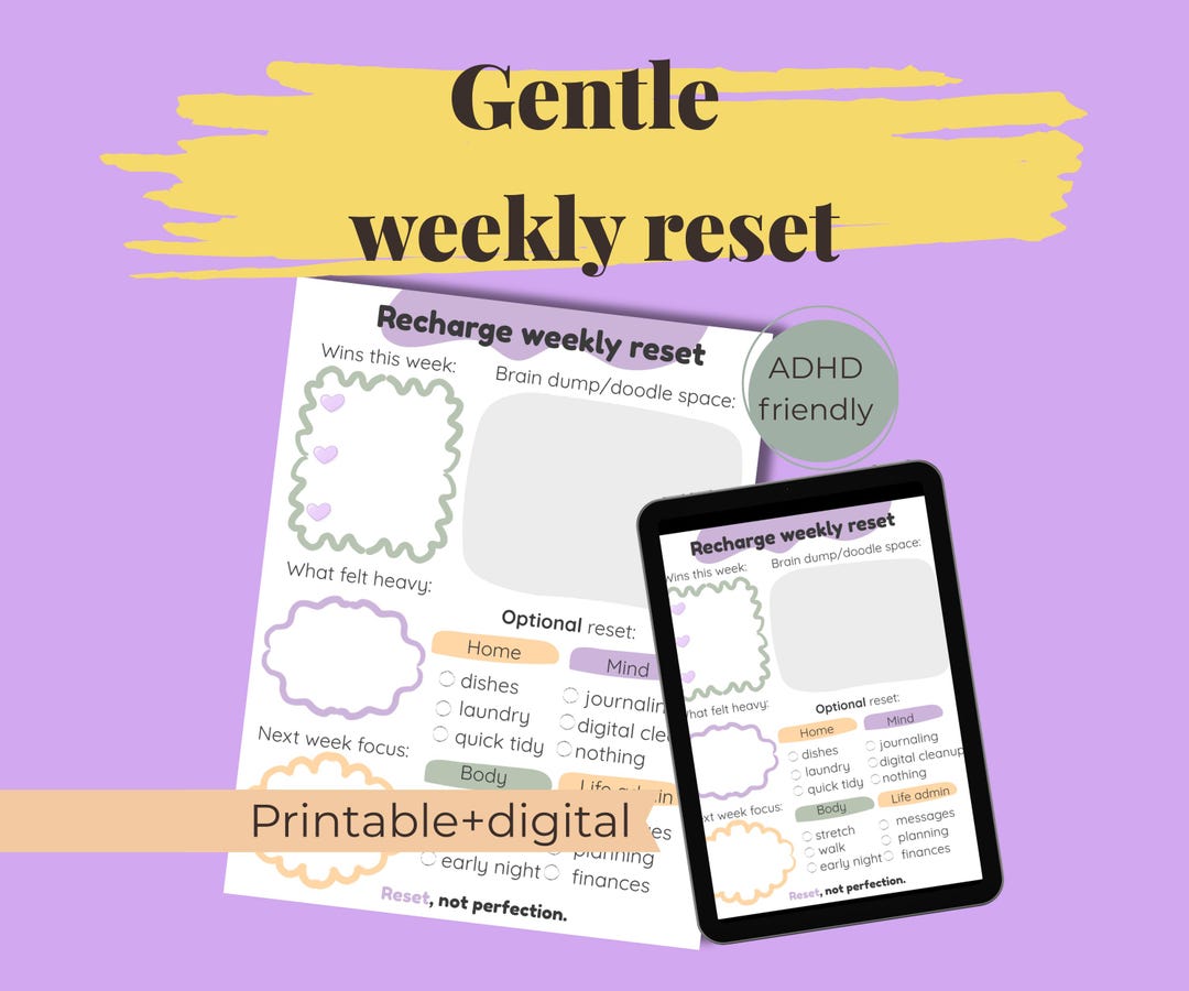 ADHD Friendly Weekly Reset Planner Printable-low Energy Self Care and ...