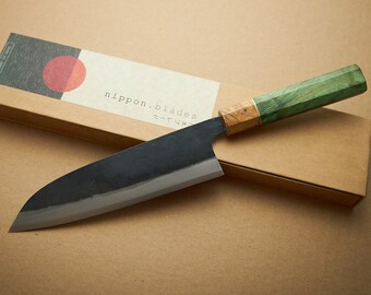 Handgesmeed Japans 180 mm Santoku Shirogami #1 koolstofstalen mes - Blade gemaakt in Tosa Japan door Tsukasa Tokaji