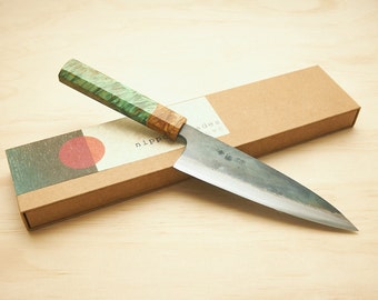 Couteau japonais forgé à la main 165 mm Funayuki/Santoku Shirogami en acier blanc n°1 en acier au carbone - Lame fabriquée au Japon par Tsukasa Tokaji