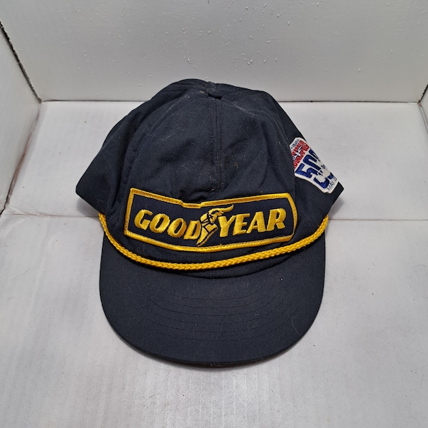 Goodyear Indy 500 Swingster Hat USA Made Navy Rope Snapback Trucker Patch