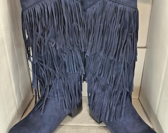 Navy Blue Fringe Knee High Boots Women’s 8.5 Faux Suede Western Boho Festival Pull On Unmarked