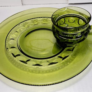 Indiana Glass Avocado Green Snack Plate and Cup