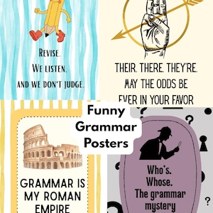 Puede incluir: Un conjunto de cuatro pósteres con ilustraciones y texto sobre gramática. Los diseños incluyen un lápiz animado, un gesto de mano con una flecha, el Coliseo romano y la silueta de un detective, acompañados de frases temáticas.