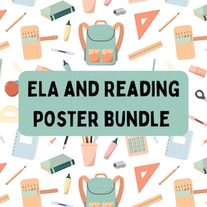 May include: A rectangular sign with a light green background featuring the black text ELA AND READING POSTER BUNDLE. The sign is overlaid on a repeating pattern of school supplies including backpacks, calculators, pencils, and notebooks.