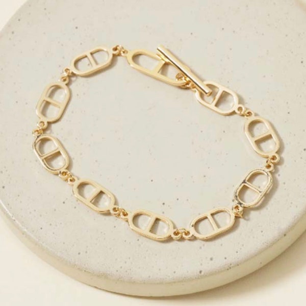 Chain Linked Bracelet, Chain Link Stacking Bracelet Brass Metal Linked Chain with Bar Toggle Bracelets Minimal Bracelet