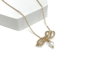 Brass Bow with Freshwater Pearl Dangle Pendant Necklace