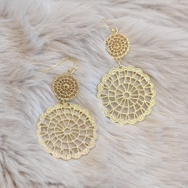 Round Crochet Lace Double Dangle Casting Filigree Earrings