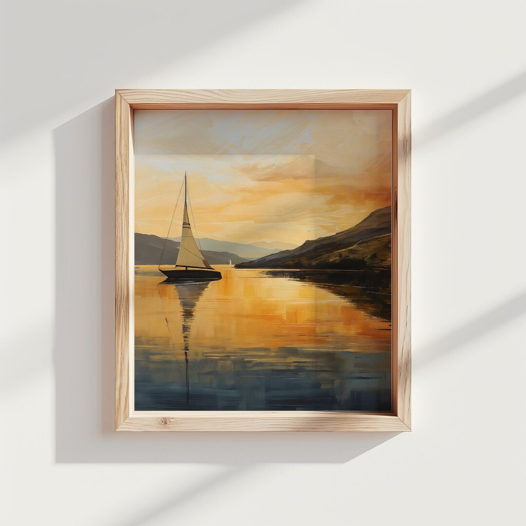 Sailboat Nautical Oil Painting Printable Wall Art for Lake House Sunset ...