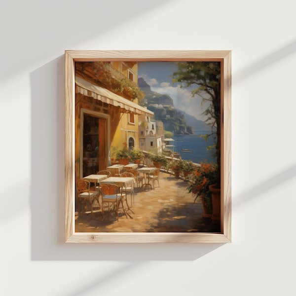 Amalfi, été italien, peinture à l'huile, art mural imprimable, ville côtière heureuse, paysage de jardins, décoration d'intérieur, taverne vintage, affiche de chambre numérique, impression