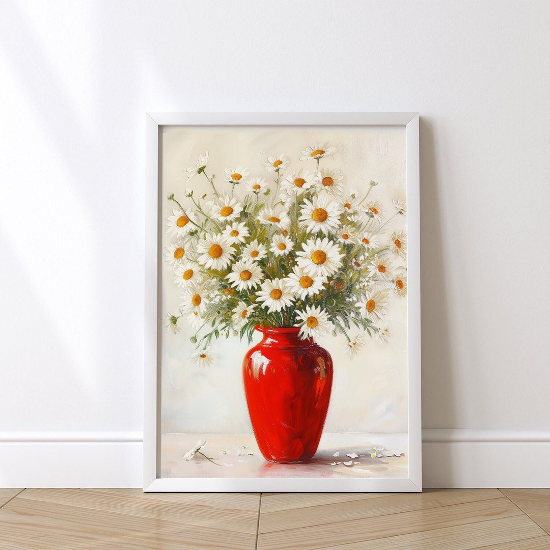 Daisy Oil Painting Printable Wall Art Flowers With Classic Red Vase ...