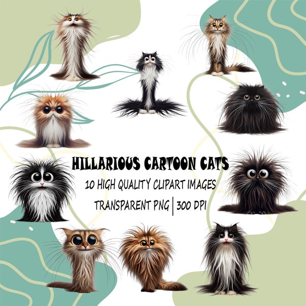 Hilarious PNG Cats Clipart - 10 Funny & Comical Cartoon Cats with Long Fluff Balls of Hair and Huge Eyes, Instant Download, 300 dpi