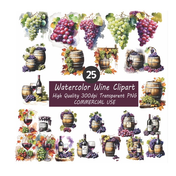 Watercolor Wine and Vineyard Clipart Bundle: Digital PNG for Red & White Wine Celebrations, Grapes, Instant Download for Commercial Use