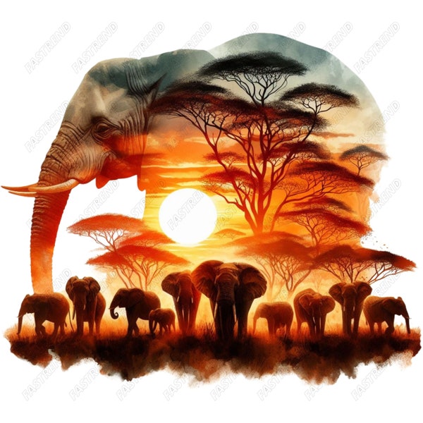 10 Images in PNG, Stunning African Sunset And Elephants Double Exposure Clipart, Watercolor Art Paintings, Exquisite Wildlife