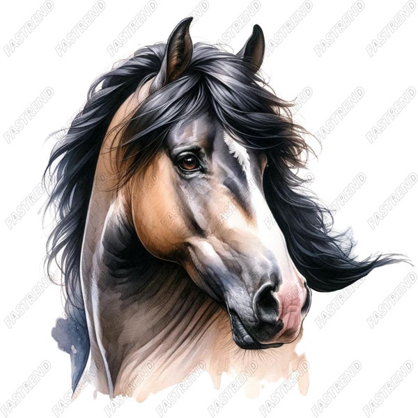 Stunning Horse Portraits Watercolor Clipart - 10 PNG Images for Commercial Use, Instant Digital Download for Art & Design Project, 300 dpi
