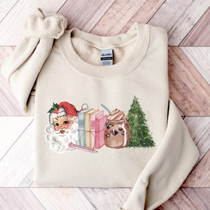 Retro Santa With Books Tshirt, Cute Santa and Christmas Tree Shirt, Books Lover Tshirt, Cute Holiday Gift, Cute Retro Santa Teacher Gift