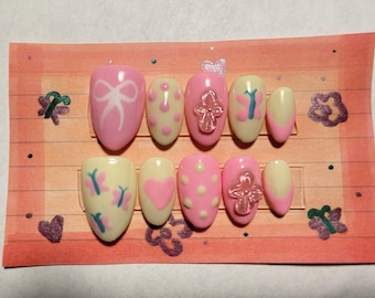 Fluttershy MLP Press-On Nails Handmade | Short Almond, Yellow and Pink, Size XXS
