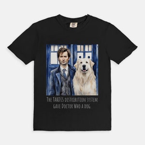 Doctor Who with the Tardis and a dog - Comfort Colors Tee 1717 - Doctor Who fans, sci-fi gifts