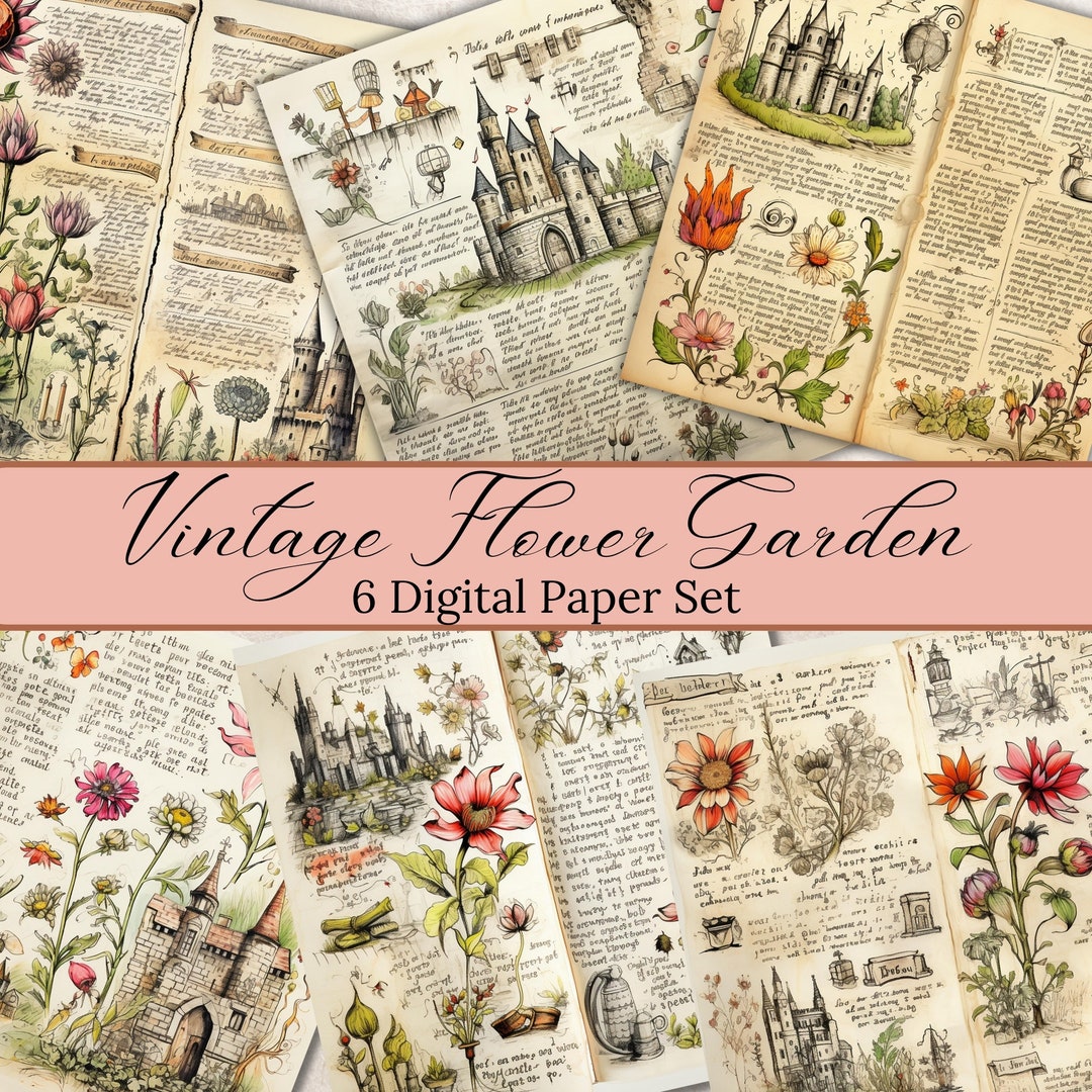 Digital Vintage Flower Garden Scrapbook Paper Junk Journal Pages ...
