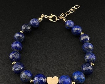 Lapislazuli Perlenarmband 8 mm, Edelstein Armband, Kraftarmband, Herz, Verstellbares Armband, Geschenkidee