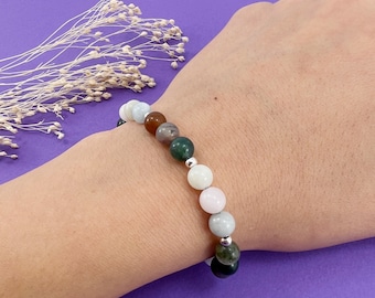 Beaded Bracelet Made of Natural Morganite & Indian Agate Gemstones, Adjustable Handmade Fashion Jewelry