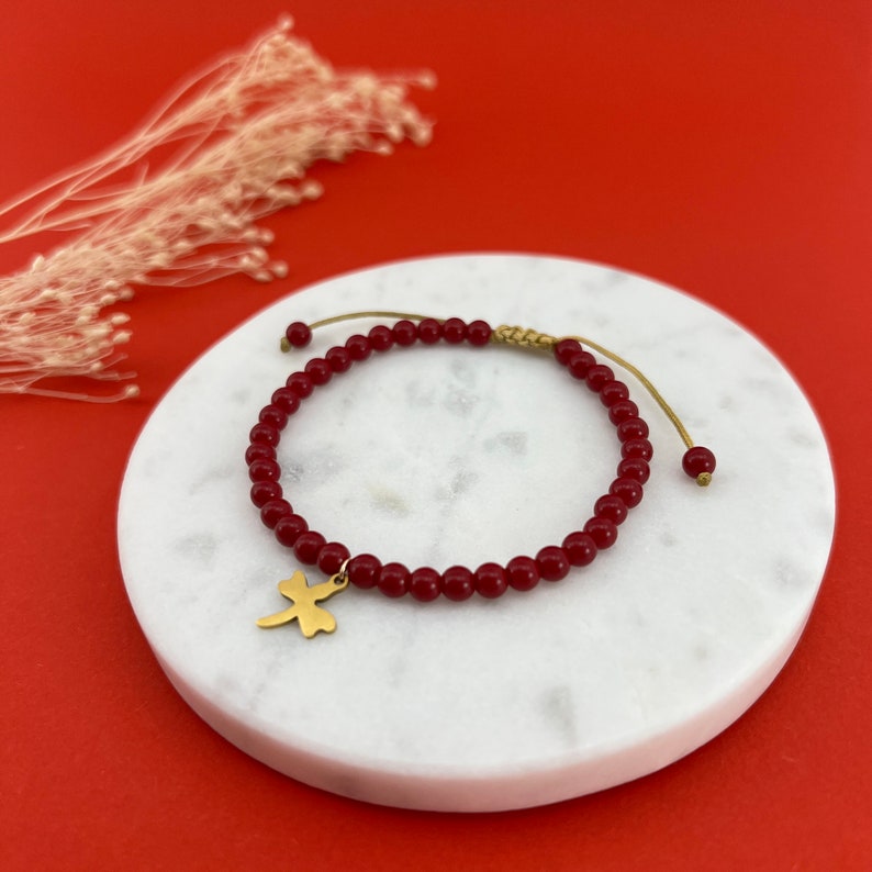 Perlenarmband aus Natürliche Rote Koralle Edelstein mit Libelle Anhänger, Verstellbares handgefertigtes Modeschmuckstücke Bild 7