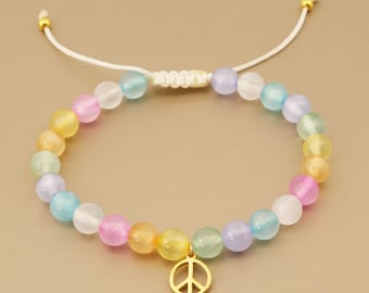 Bracelet arc-en-ciel, bracelet sélénite de couleur mixte lisse 6 et 8 mm, bracelet perlé, bracelet réglable, idée cadeau
