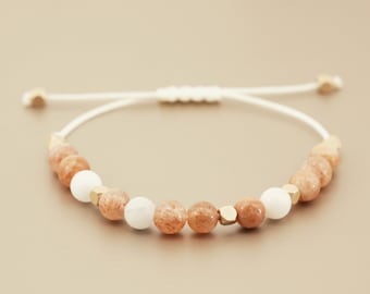 Véritable bracelet pierre de soleil et aigue-marine 6 mm, bracelet perlé, bracelet pierre de soleil, bracelet réglable, idée cadeau