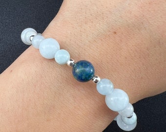 Pearl bracelet made of natural aquamarine & chrysocolla gemstones, adjustable handmade fashion jewelry