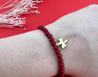 Bracelet perlé en pierre précieuse de corail rouge naturel avec pendentif libellule, bijoux de mode réglables faits à la main