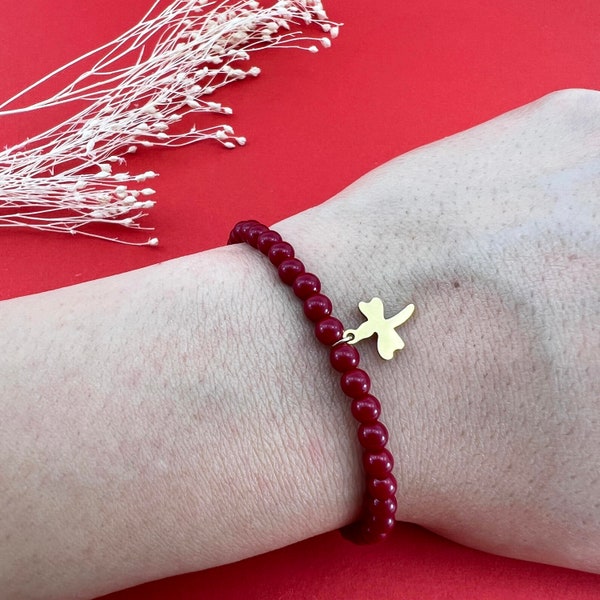 Bracelet perlé en pierre précieuse de corail rouge naturel avec pendentif libellule, bijoux de mode réglables faits à la main