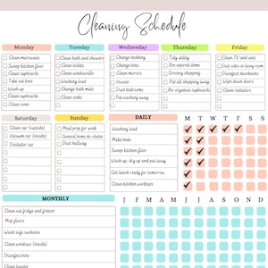 May include: A colorful printable cleaning schedule checklist with daily, weekly, monthly, quarterly, semi-annual, and annual tasks. The checklist includes tasks like cleaning the microwave, sweeping the kitchen floor, cleaning the bathroom, and more.