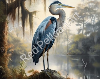 Louisiana Blue Heron Art – Audubon Inspired Marsh Bird Digital Download