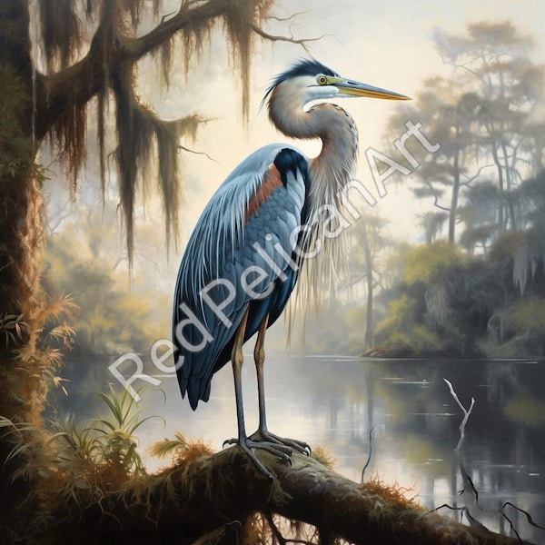 Louisiana Blue Reiher Kunst - Audubon inspirierter Sumpfvogel Digitaler Download