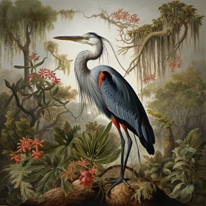A Blue Heron in the Louisiana Swamp, Paintings, Audubon inspired