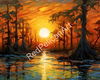 Louisiana Bayou Art • Van Gogh Style Cypress Swamp (Digital Download)