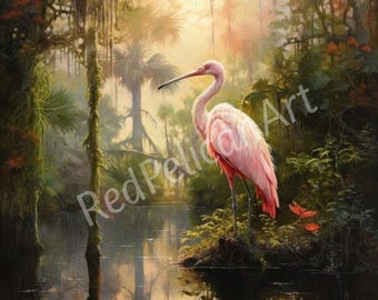 Aquarelle de spatule rosée, art aviaire de Louisiane (téléchargement numérique)