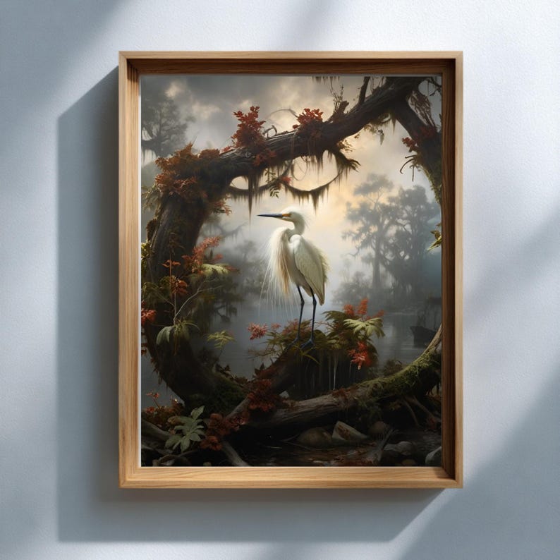 Snowy Egret Wall Art, Louisiana Wetlands Printable, Audubon-Inspired Bird Decor, Instant Digital Download image 3