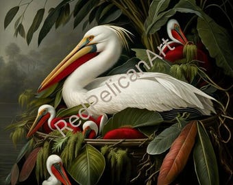 Weißer Pelikan Nesting Kunst - Vintage Audubon Tropisches Dekor (Digitaler Download)