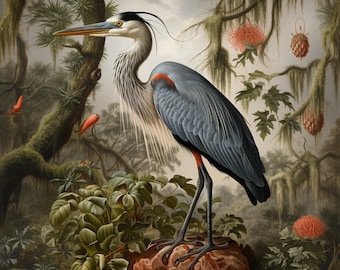A Blue Heron in the Louisiana Swamp, Paintings, Audubon inspired