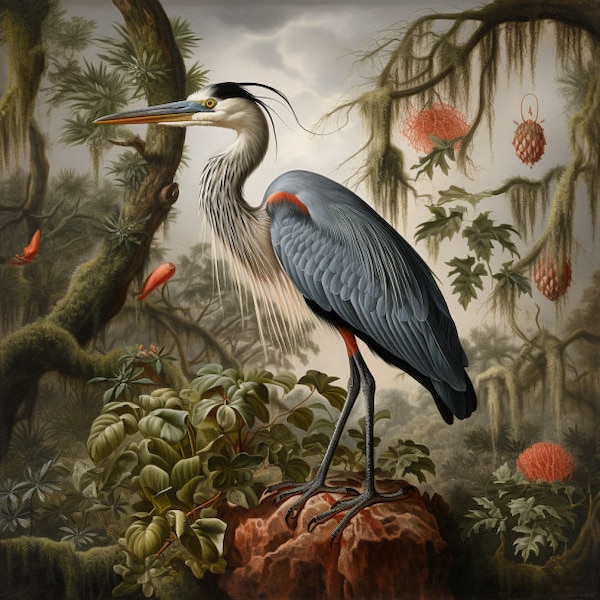 Un héron bleu dans le marais de Louisiane, Peintures, inspirées d'Audubon