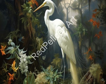 White Egret Art | Audubon Style Bird Art (Digital Download)