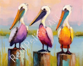 Art pélican de Louisiane, décoration murale oiseau côtier, pélicans sur pylônes en bois en téléchargement numérique, Illustration côtière de la Louisiane, art animalier