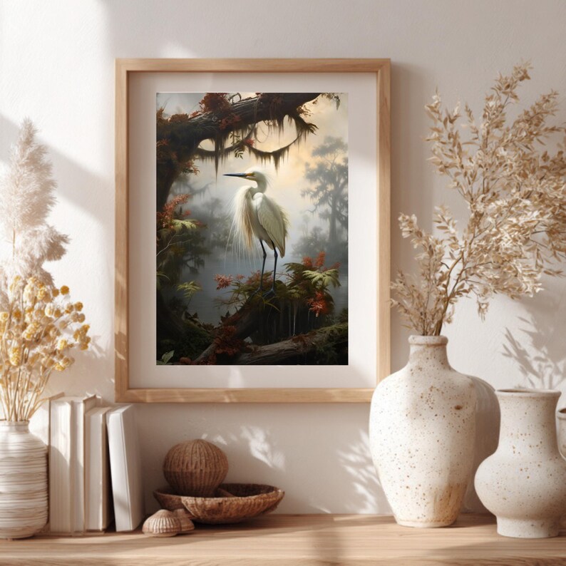 Snowy Egret Wall Art, Louisiana Wetlands Printable, Audubon-Inspired Bird Decor, Instant Digital Download image 2