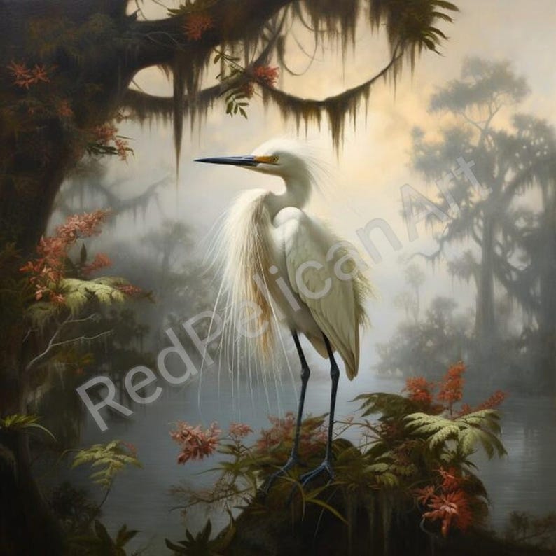 Snowy Egret Wall Art, Louisiana Wetlands Printable, Audubon-Inspired Bird Decor, Instant Digital Download image 1