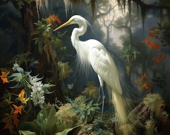 Majestic Solitude: White Swamp Egret in Enchanting Wetlands - Exquisite Digital Print for Nature Lovers and Wildlife Enthusiasts