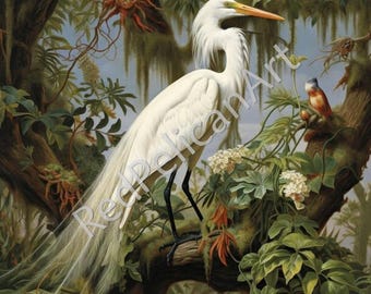 Egret in Louisiana Marsh Printable, Audubon-Inspired Bird Wall Art, Digital Download