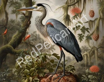 Blue Heron Louisiana Swamp Art, Audubon Inspired Illustration (Digital Download)